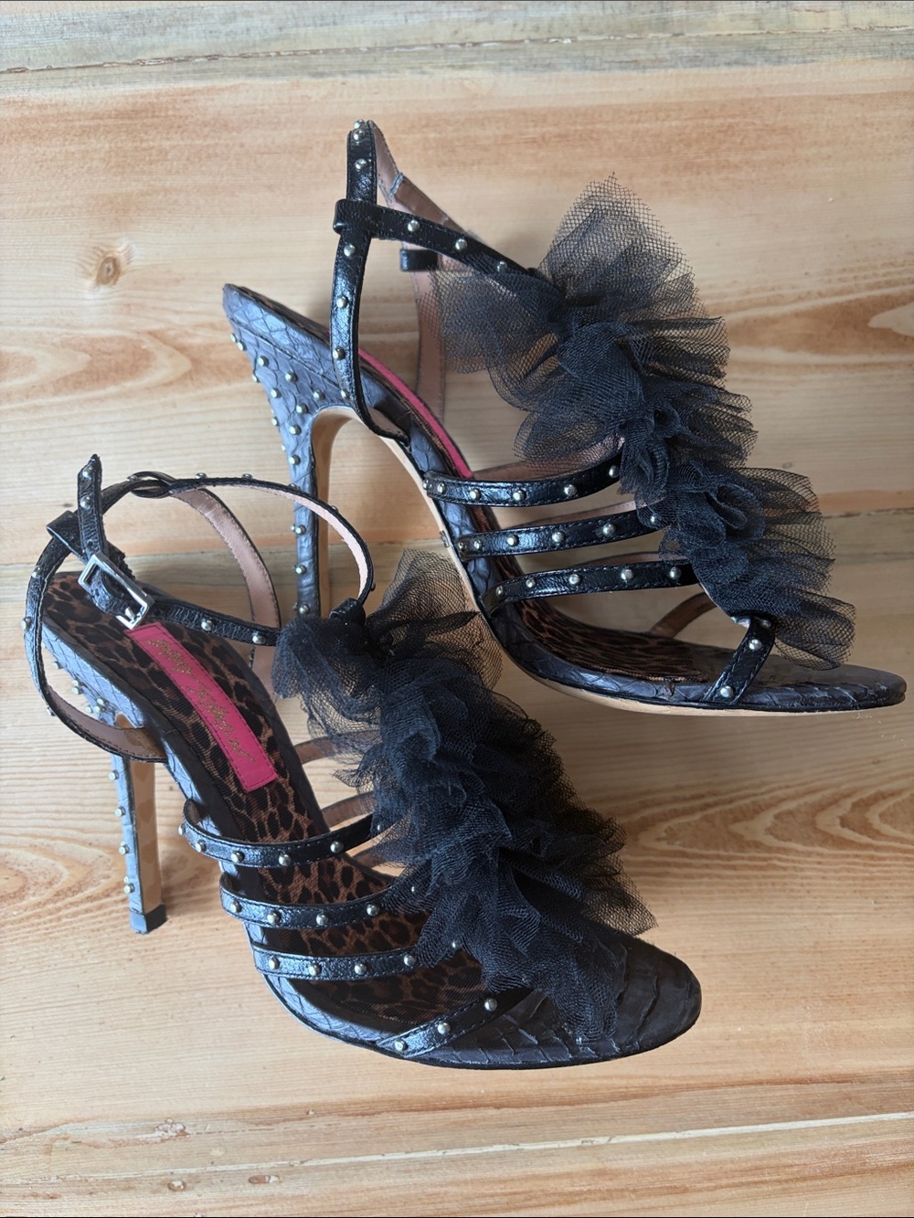 Betsey Johnson’s Black Stiletto Heels With Tulle, Leopard Print, Silver Studs